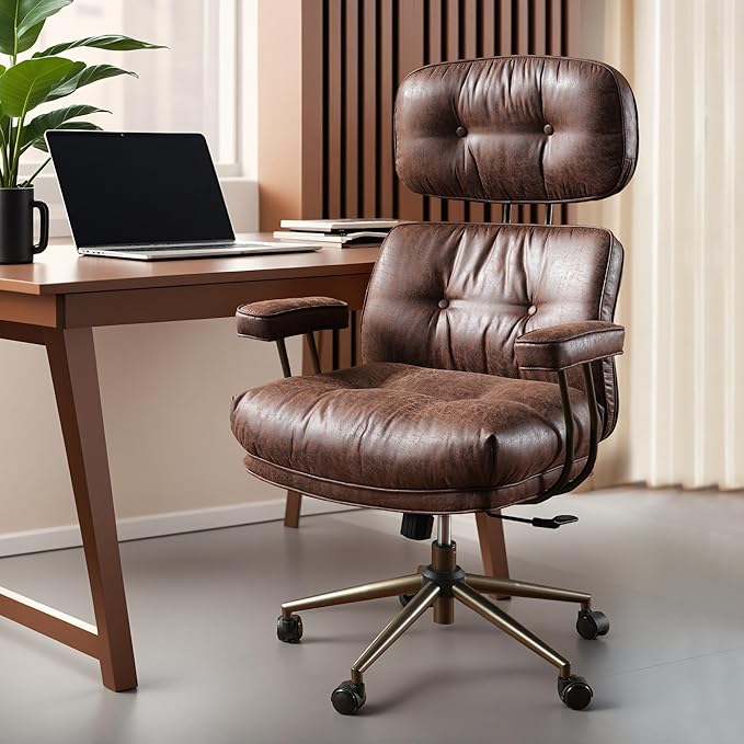 ovios Ergonomic Office Chair, High Back Faux Leather Executive Chairs with Thick Cushion, Comfy High-Century Modern Swivel Rolling Computer Armchair (Dark Brown, Suede Leather)