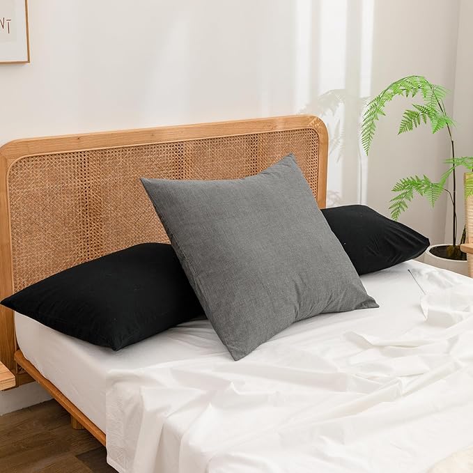 BESTOUCH 100% Washed Cotton Pillowcase for Hair and Skin Linen Feel Soft Comfortable Breathable 2 Set Pillow Case with Envelope Closure Solid Deep Dark Black King 20x36 Inches