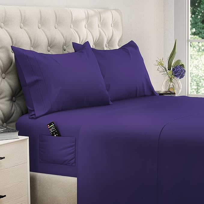 DREAMCARE King Size Sheets Set – 4 pcs Cooling Sheets – up to 21” Deep Pocket King Sheet Set – Hotel Luxury Sheets & Pillowcases – Superior Softness 100% Fine Microfiber with Side Pocket – Purple DREAMCARE