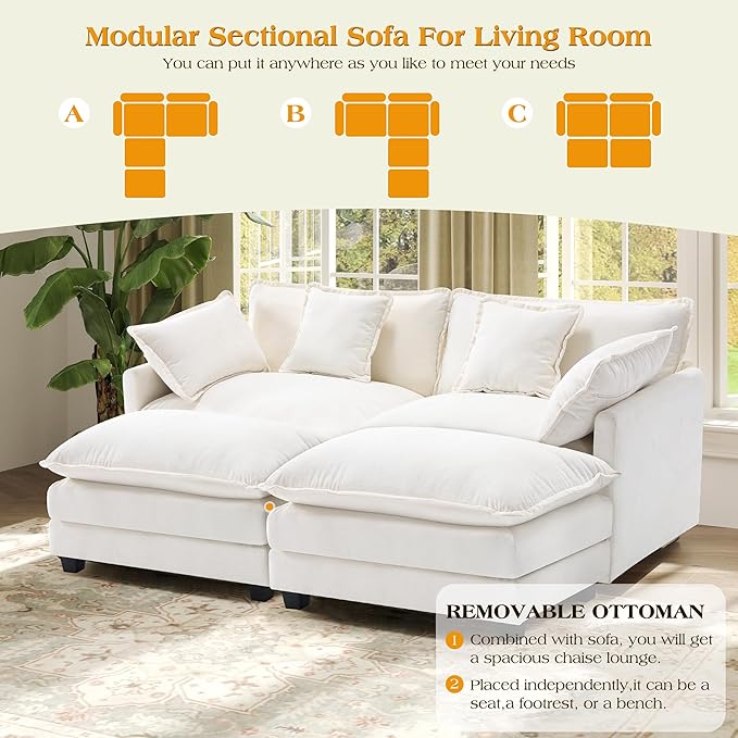 77.6" Modular Sectional Sofa,Loveseat Couch for Living Room, Modern Deep Seat Sofa 2 Seater Chenille Fabric Comfy Cloud Couches with Throw Pillows & Ottoman for Apartment,Small Spaces