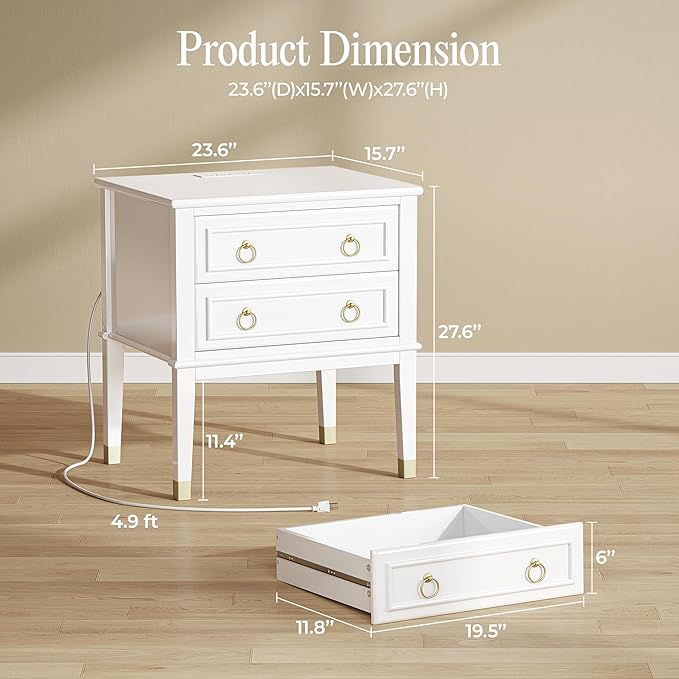 Huuger 27.6 Inch Tall Nightstand with Charging Station, USB-C Port, Larger Night Stand Set of 2, Bedside Table with 2 Drawers, 11.4 Inch Raised Legs, Side Tables End Tables, for Bedroom, White