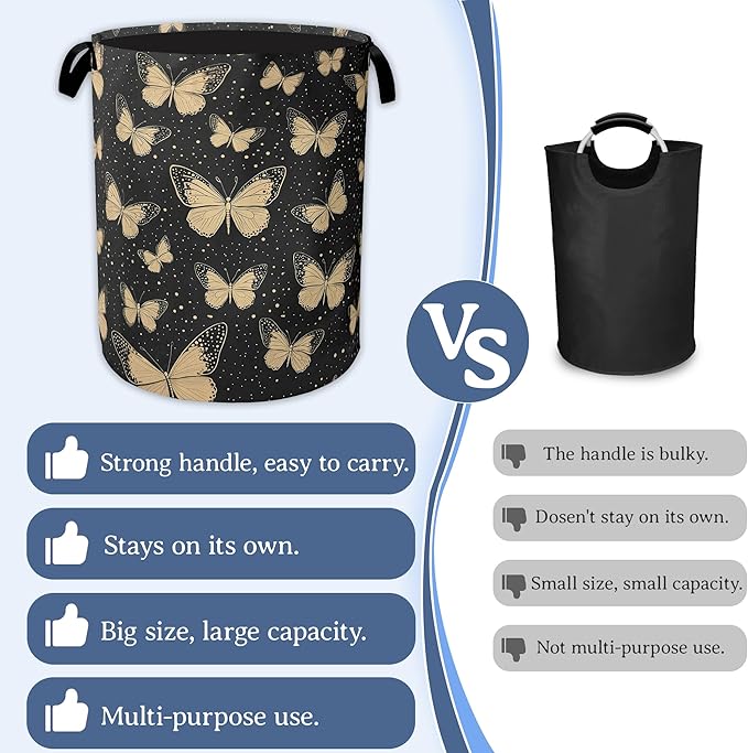 Golden Butterfly Laundry Basket,Foldable Waterproof Oxford Cloth Tote Bag Vintage Laundry Hamper with Handles,20.8"x16" Clothes Storage Bucket Organizer for Laundry Room, Bathroom, Bedroom