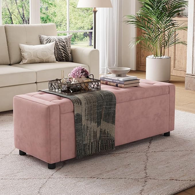 LINSY 50 Inches Wide Storage Ottoman Bench, Upholstered Foot Rest Stool, Long Bench Footstool, Couch Ottoman, Ottomans for Living Room, Entryway, End of Bed Storage Bench for Bedroom (Pink)