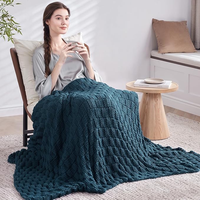 Knitted Weighted Blanket for Adult, No Beads Heavy Blanket 60” x 80'' 15lbs, Breathable Chunky Knit Blanket, Cooling Weighted Blanket for Hot Sleepers, Christmas Home Decor (Peacock Blue)