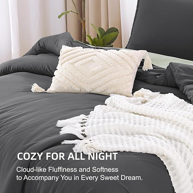 Litanika Comforter Set, Lightweight Solid Bedding Comforter Set, Fluffy Down Alternative Bed Set, Dark Grey, California King