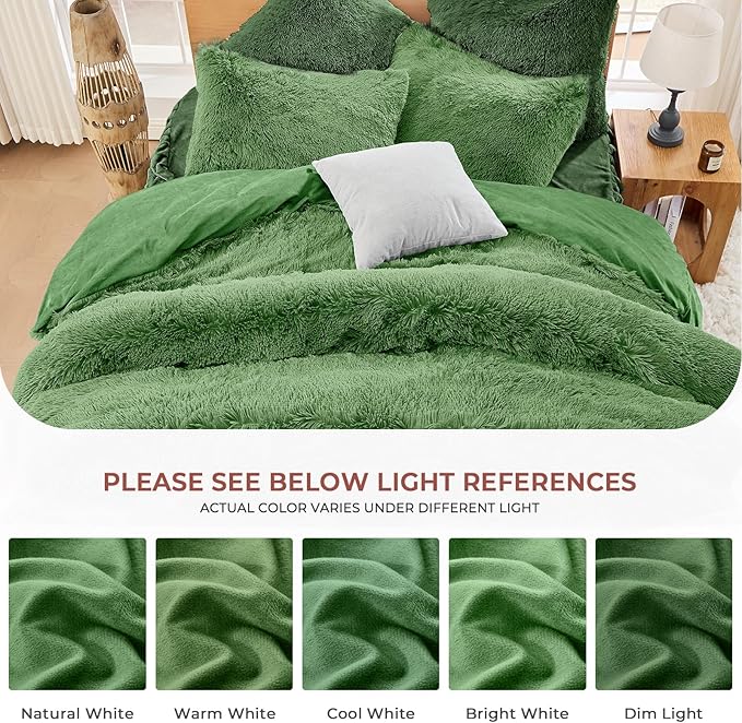 Sasttie 3-Piece Fluffy Duvet Cover Queen, Ultra Soft Faux Fur and Velvet Dark Green Comforter Cover, Luxury Fuzzy Bedding Sets for Winter Bed, Includes 1 Duvet Cover and 2 Pillowcases, No Comforter