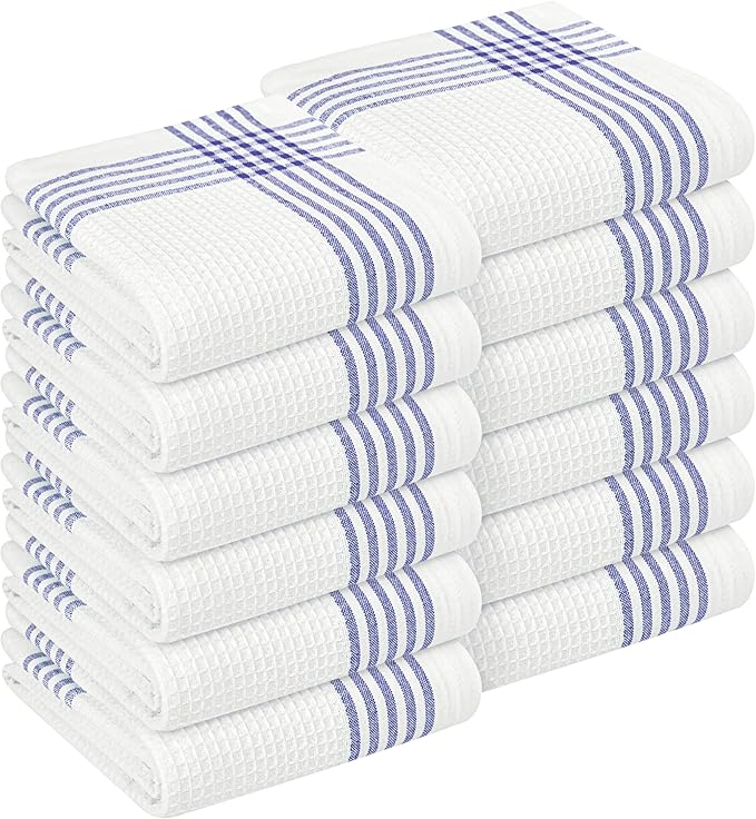 Indigo Blue and White Waffle Kitchen Towels 12 Pack, 16x26 Inch, 100% Cotton, Absorbent & Quick Dry Dish Towels, Soft & Durable Cloths for Cooking, Drying, Cleaning, Machine Washable