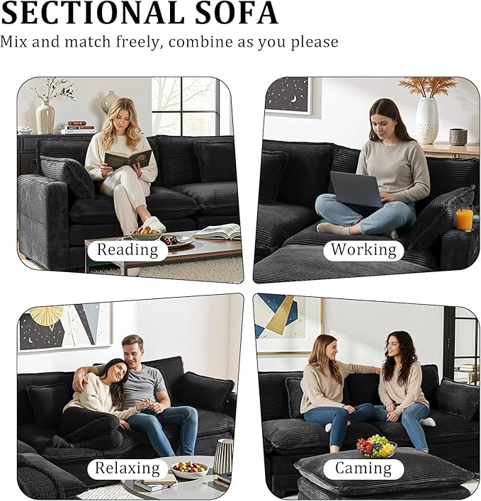 Gexpusm Modular Sectional Sofa,99" Couches for Living Room,Corduroy Sofa with Ottoman & Pillow,Cloud Sectional Couch with Cup Holders & USB,Side Pockets,3-Seat Corduroy Boneless Chair Indoor,Black