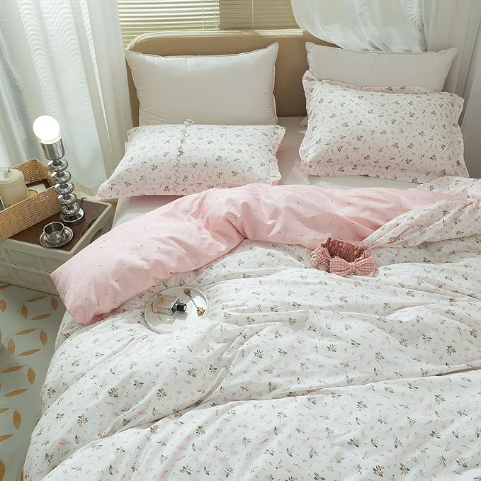 mixinni Cotton Floral Duvet Cover Twin Girl Pink Flower Teenage Girls Duvet Cover Set with Zipper Ties, Easy Care, Ultra Soft and Breathable-Twin Size
