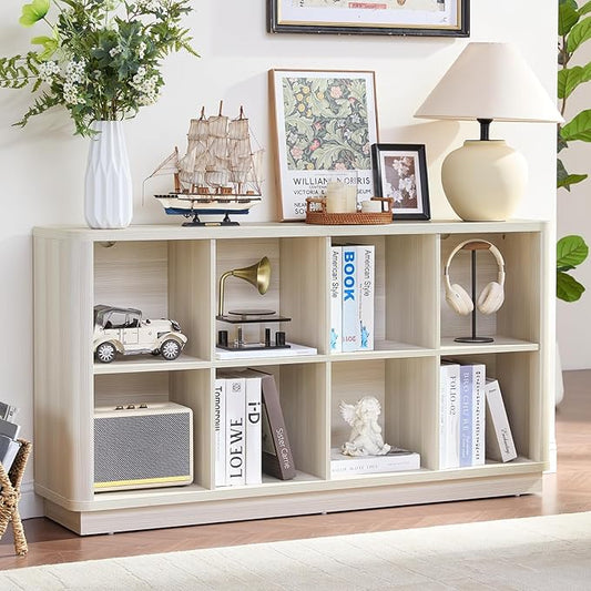8 Cube Storage Bookcase, 52" Long Horizontal Book Shelf w/Curved Edge, Wood Floor Standing 2-Tier Cubby Console Bookshelf with Base, Modern Low TV Stand for Living Room, White Cream Oak