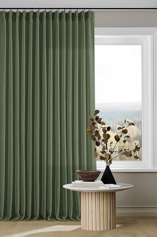 Thick Linen Olive Green Curtains 96 Inches Long for Living Room Bedroom Aesthetic Pinch Pleated Drapes with Hooks Rings Back Tab Light Filtering Ceiling Floor Custom Made Memory Trained Curtain Loden