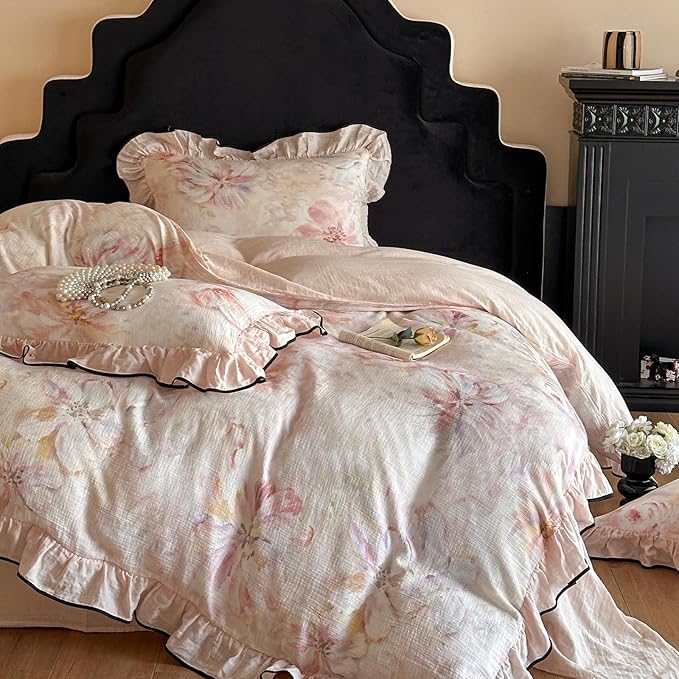 HighBuy Pink Floral Linen Duvet Cover Twin XL,Ruffle Floral Bedding Set for Girl College,Muslin Yarn-Dyed Comforter Cover with Zipper for Hot Sleepers,Breathable & Fade-Resistant All Season