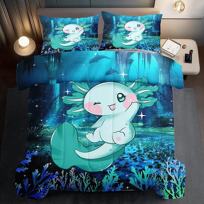 Cute Axolotl Comforter Set Kids Blue Axolotl Bedding Set Boys Girls Queen Size Kawaii Ocean Animal Print Comforter Boys Girls Ocean Sealife Room Decor Blue Fish Quilt Bedding