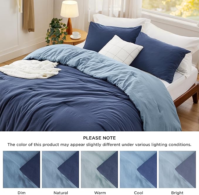 Bedsure Queen Size Comforter Set, Reversible Navy Soft Prewashed Bedding for All Seasons, 3 Pieces Warm Down Alternative Bed Set, 1 Lightweight Comforter (90"x90") and 2 Pillowcases (20"x26")