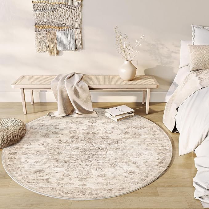 8x8 Washable Neutral Round Rug Beige Vintage Living Room Bedroom Circle Rug Non-Slip Soft Low Pile Floral Indoor Carpet for Kitchen Dining Room Office