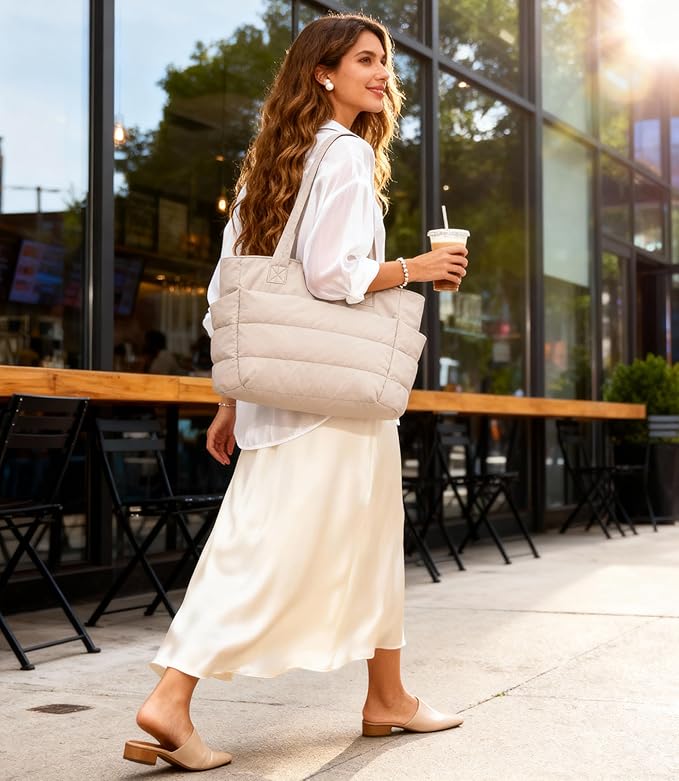 Puffer Tote Bag for Women, Cute Quilted Carryall with Zippered Compartments Shoulder Bag Handbag for Work, Travel, Gym