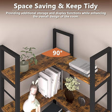 7-Tier Corner Bookshelf, Reversible Wooden Shelves, Industrial Bookcase with Open Shelves and Sturdy Metal Frame, Display Shelf Storage Rack for Living Room, Bedroom, Home Office (Rustic Brown)