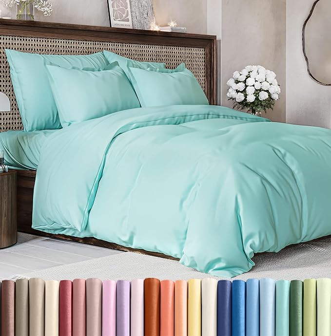 Duvet Cover Queen Size Set - Extra Soft Queen Size Duvet Cover 90 x 90 with 2 Pillow Shams - Hotel Luxury Easy Care and Fade Free w/Zipper Closures & Ties - Comfy Breathable Bedding Set (Spa Blue)