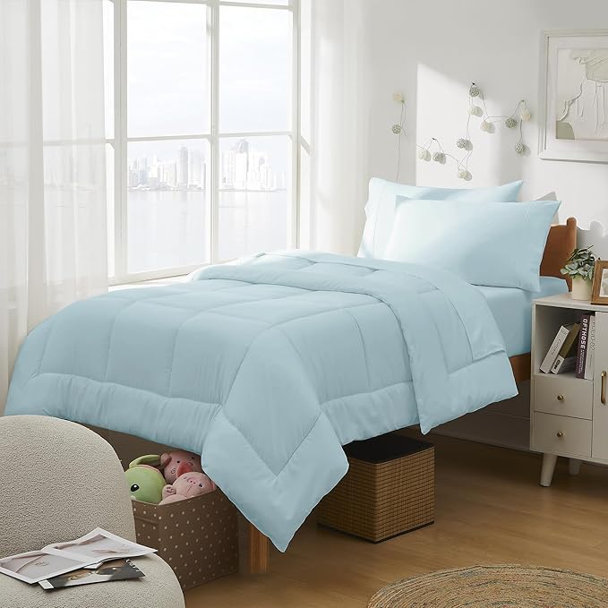 Dorm Room Essentials College Bedding Comforter Set 5 Piece Twin Size Bed in a Bag for College Students Boys and Girls, Twin, Aqua