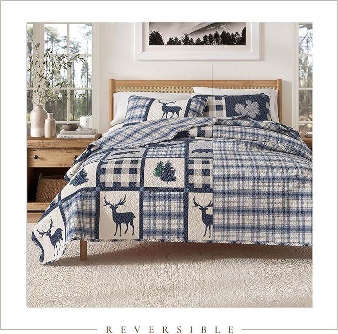 Great Bay Home Lodge Bedspread King Size Quilt with 2 Shams. Cabin 3-Piece Reversible All Season Quilt Set. Rustic Quilt Coverlet Bed Set. Stonehurst Collection. (Navy/Grey)