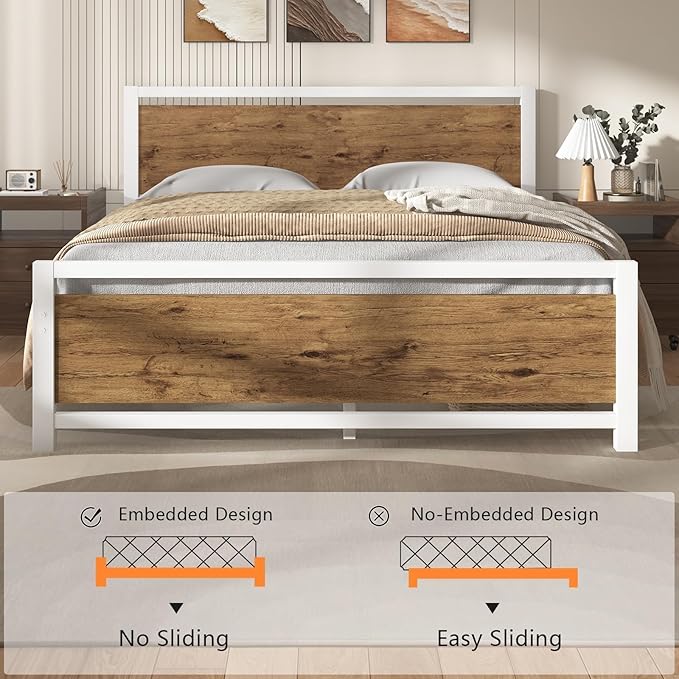 Twin Bed Frames with Headboard, Industrial Style Twin Size Bed Frame, Twin Size Bed Frames with Wooden Footboard, Heavy Duty, No Box Spring Needed, Noise-Free, Easy Assembly, White Brown