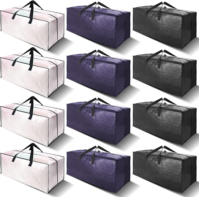 12 Pack Heavy Duty Large Moving Bags W/Backpack Straps - Strong Handles & Zippers, Storage Totes, Fold Flat, Alternative to Moving Box and Storage Bin, Semi-Transparent+Blue+Black