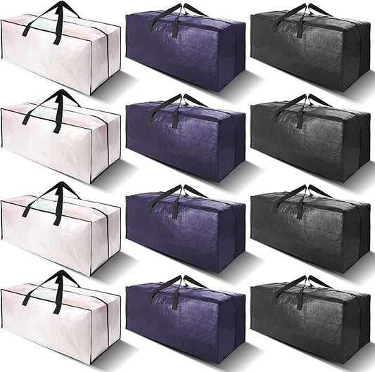 12 Pack Heavy Duty Large Moving Bags W/Backpack Straps - Strong Handles & Zippers, Storage Totes, Fold Flat, Alternative to Moving Box and Storage Bin, Semi-Transparent+Blue+Black