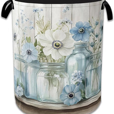 Flowers Laundry Basket,Foldable Oxford Cloth Vintage Wooden Board Laundry Hamper with Handles, 20.8