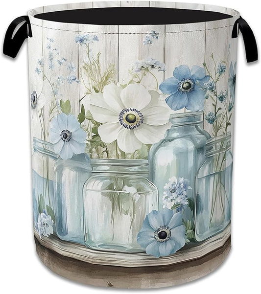 Flowers Laundry Basket,Foldable Oxford Cloth Vintage Wooden Board Laundry Hamper with Handles, 20.8"x16" Tote Bag Clothes Storage Bucket for Laundry Room/Bathroom/Bedroom/Dormitories