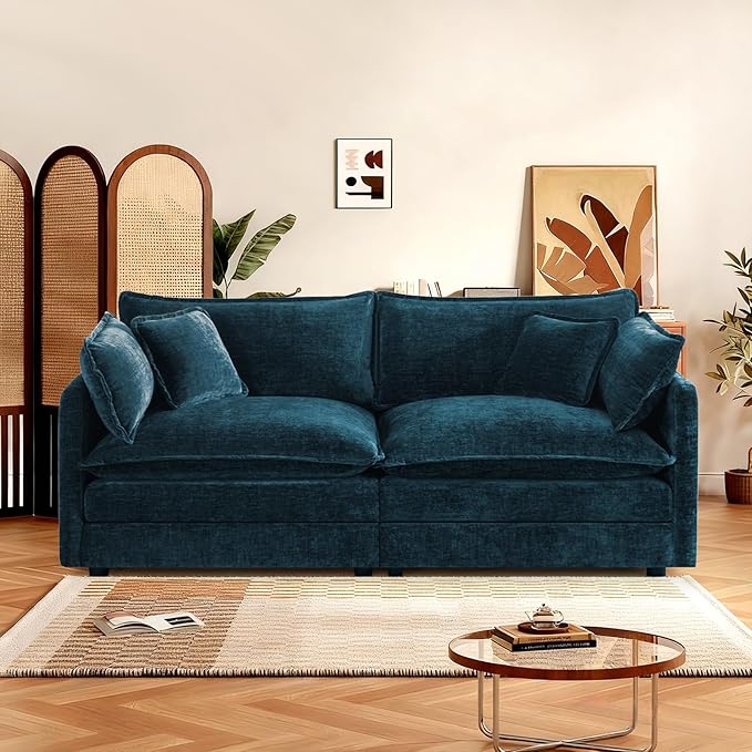 SoarFlash Chenille Sectional Sofa, Comfy Modular Loveseat Sofa, Modern 2-Seat Couch Deep Seat Sofa Set for Living Room,Deep Blue