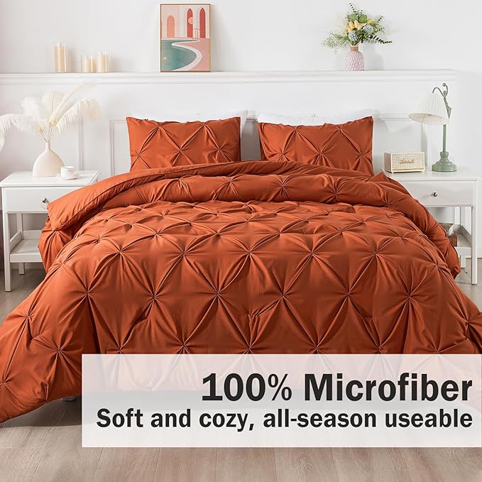 Andency California King Comforter Set Burnt Orange, Pinch Pleat Cal King Comforter Set 3 Pieces, Lightweight Soft Oversized King Microfiber Down Alternative Bedding Set
