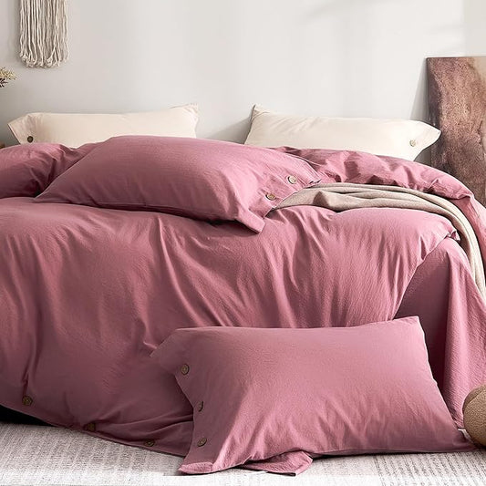 JELLYMONI 100% Washed Cotton Standard Pillowcases Set, 2 Pack Linen-Like Texture Breathable Pillow Covers with Button Closure,Maroon Standard 20"×26"(Pillows are not Included)