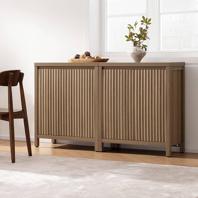 SICOTAS Sideboard Buffet Cabinet with Storage, Fluted Credenza Console Cabinet with Adjustable Shelves, Farmhouse Coffee Bar Storage Cabinets for Kitchen, Living Room, Entryway, Caramel Oak, 2 PCS