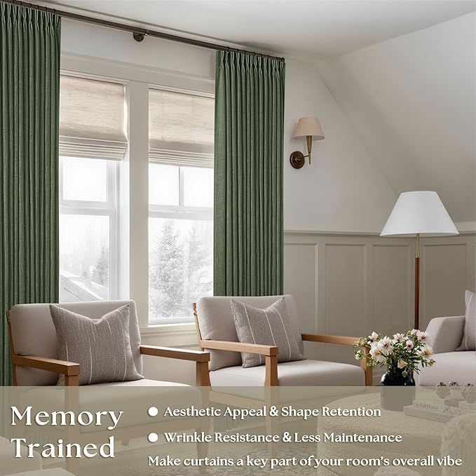 Pleated Linen Olive Green Curtains 102 Inches Long 2 Panels Set for Living Room Bedroom Neutral Farmhouse Cotton Linen Blend Back Tab Memory Shape Pinch Pleat Ceiling Floor 102 Inch Window Curtain