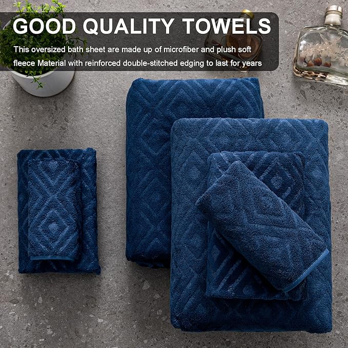 8 Piece Extra Large Bath Towels Set,2 Oversized Bath Towels(35"x70"), 2 Hand Towels,4 Washcloths Ultra Soft and Absorbent Towels for Bathroom, Quick Dry Towel for Gym Hotel Camp Pool Navy Blue