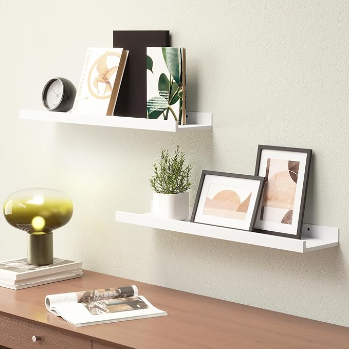 23.6 Inches Long Floating Shelves, 2 Set Modern White Wall Shelf for Bedroom, Nursery Book Shelf with Lip, Picture Ledge Shelf for Living Room, Bathroom, Kitchen