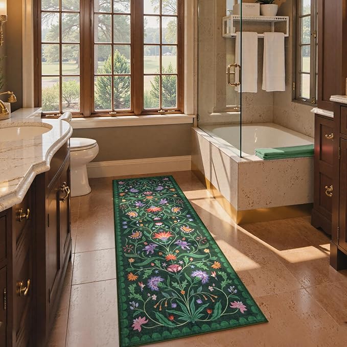 Lahome Boho Floral 2x6 Washable Green Bathroom Kitchen Runner Rug, Soft Rug Runners for Hallways Non Slip, Low-Pile Carpet Runner for Entryway Laundry (Forest Green,2x6)