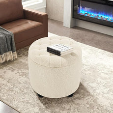 Furniliving Modern Round Storage Ottoman,Button Tufted Ottoman Footstool Ottomans with Removable Lid Storage Stool for Living Room, Bedroom, Makeup Room, Faux Fur, White