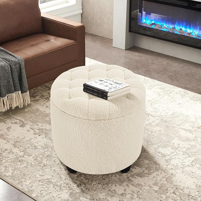 Furniliving Modern Round Storage Ottoman,Button Tufted Ottoman Footstool Ottomans with Removable Lid Storage Stool for Living Room, Bedroom, Makeup Room, Faux Fur, White