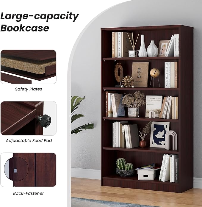 Farini 5 Shelf boockase Display Bookcase Freestanding Wooden Bookshelves for Home Office Living Room,60 Inch Height,Mahogany