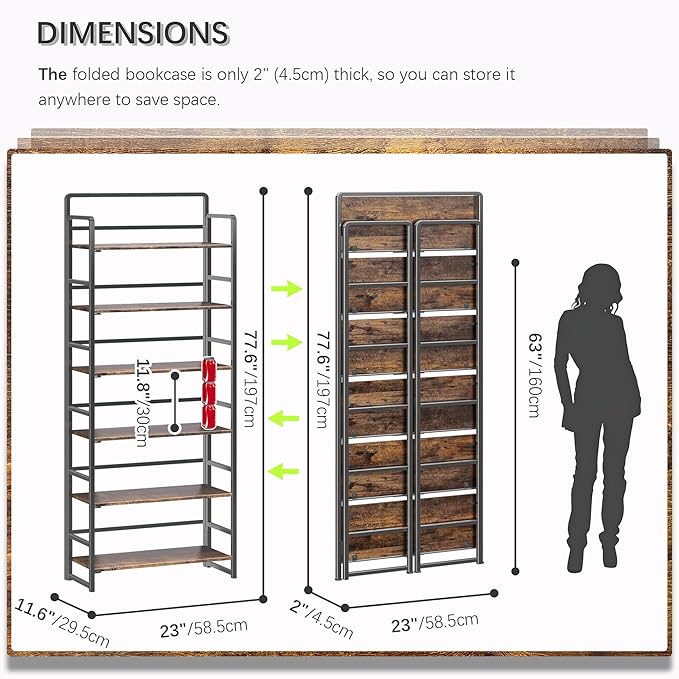 4NM No Assembly 6 Tiers Folding Bookshelf Storage Shelves Vintage Bookcase Standing Racks Study Organizer Home Office (Rustic Brown Black)