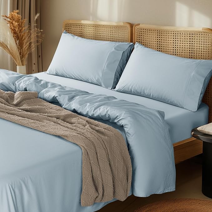 LBRO2M 1000 Thread Count 100% Egyptian Cotton Sheets Set King Size, 4 Piece Sets Bed Sheet Deep Pocket Sheet Set 16" Soft Comfortable All Season (King, Ice Blue)