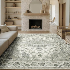 12x15 Neutral Area Rug Green Vintage Living Room Bedroom Washable Carpet Non-Slip Soft Low Pile Floral Indoor Large Throw Rug for Dining Room Office