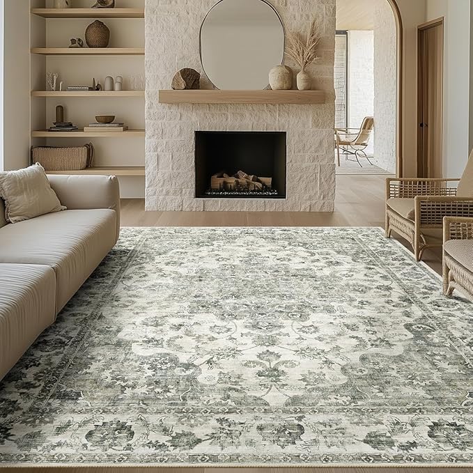 12x15 Neutral Area Rug Green Vintage Living Room Bedroom Washable Carpet Non-Slip Soft Low Pile Floral Indoor Large Throw Rug for Dining Room Office