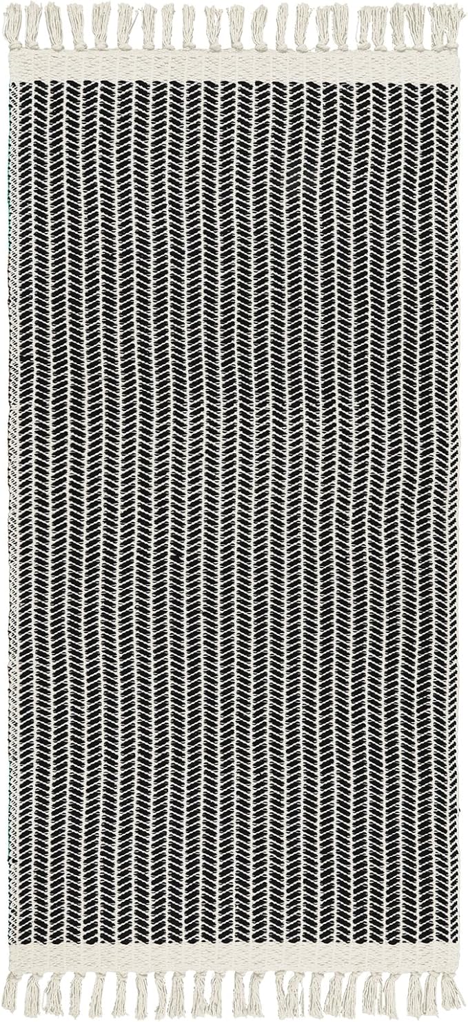 Lahome Boho Kitchen Runner, 2x4.3 Bathroom Runner Rugs Lightweight Entryway Rug Woven Cotton Throw Mat with Tassels, Farmhouse Non Shedding Washable Black Rug Low Pile Runners for Bedroom Doorway
