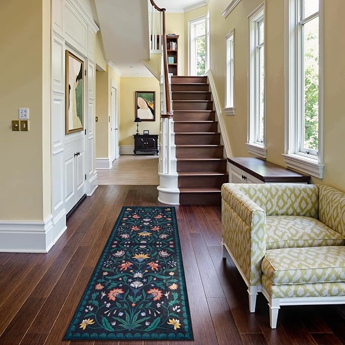 Lahome Boho Floral 2x6 Washable Kitchen Hallway Runner Rug Non Slip, Dark Blue Bathroom Carpet Runner, Soft Non-Skid Runners for Entryway Laundry(Dark Blue,2x6)