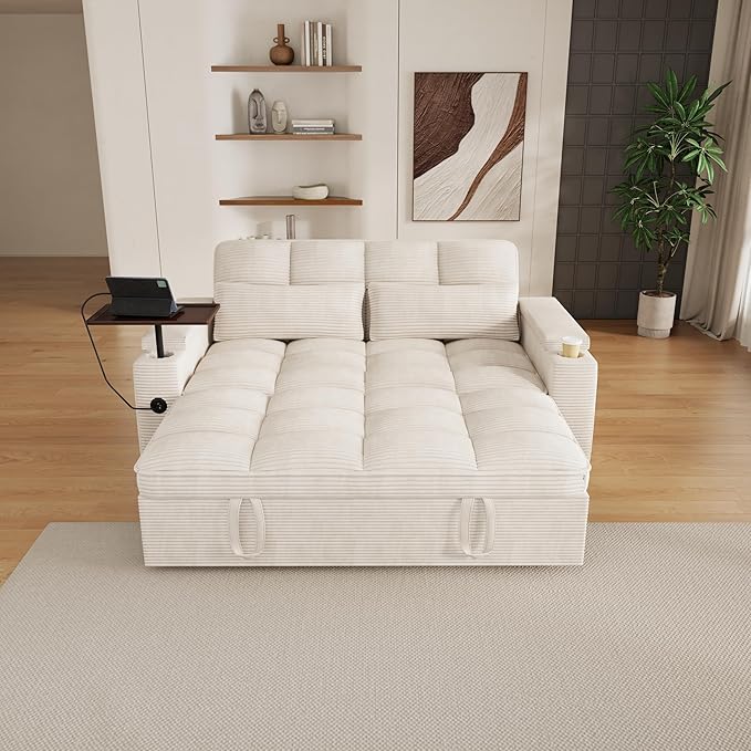 65" Sofa Bed, Loveseat 3-in-1 Sleeper Sofa with Pull Out Bed, 360° Swivel Side Table and USB, 2 Seater Convertible Small Couch for Living Room Apartment (Beige, Corduroy)