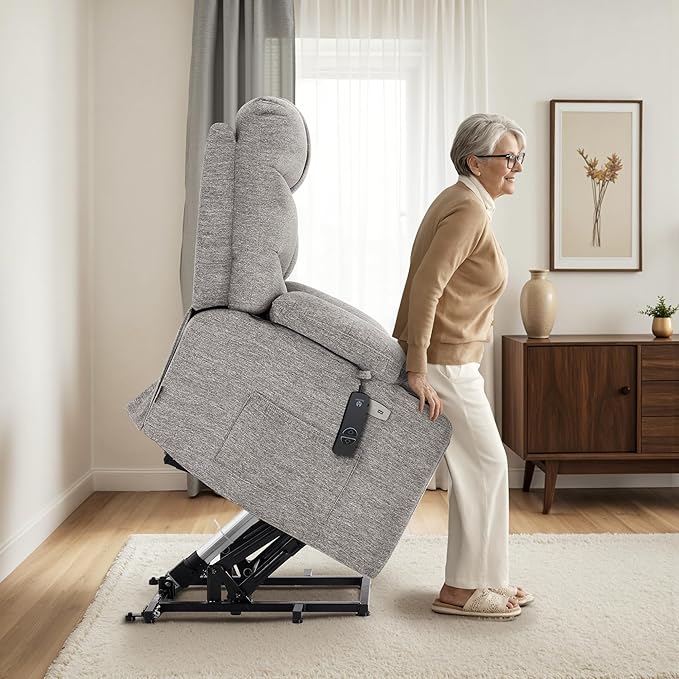 MCombo Oversized Power Lift Recliner Chair with Extended Footrest, Extra Wide 27.2" for Big and Tall Elderly People, Fabric R7289 (Light Grey, Medium-Oversize)