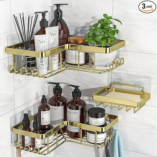 YASONIC Corner Shower Caddy, 3-Pack Adhesive Bathroom Caddy with Soap Holder and 12 Hooks, Rustproof Stainless Steel Shower Organizer, No Drilling Wall Mounted Shower Rack, for Bathroom, Gold