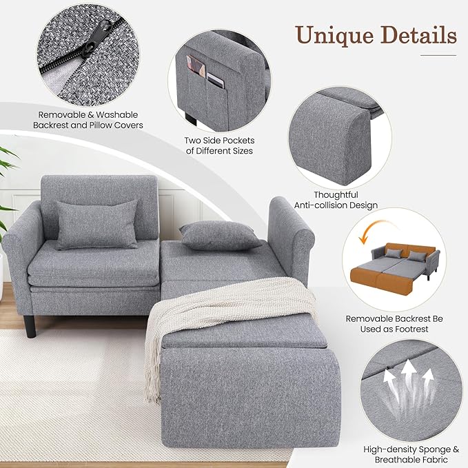 SEJOV 74" Convertible Sofa Bed, 5-in-1 Loveseat Sleeper Sofas with Pull Out Couch Bed, Storage Pockets & 2 Pillows, Modern Folding Linen Futon Couch for Living Room, Bedroom, Small Space, Gray